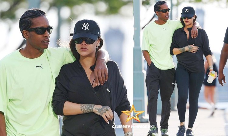 Rihanna parece esportiva chique em leggings e um boné NY Yankees durante o passeio amado com o namorado A$AP Rocky