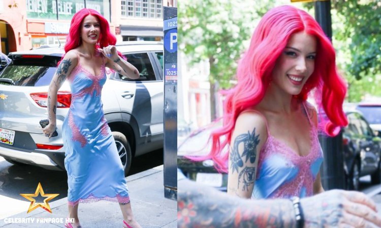 Halsey mostra o cabelo magenta durante a visita ao estúdio de gravação