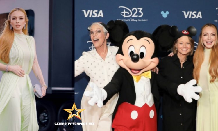 Lindsay Lohan é uma visão em verde enquanto homenageia Jamie Lee Curtis na cerimônia do prêmio Disney Legends