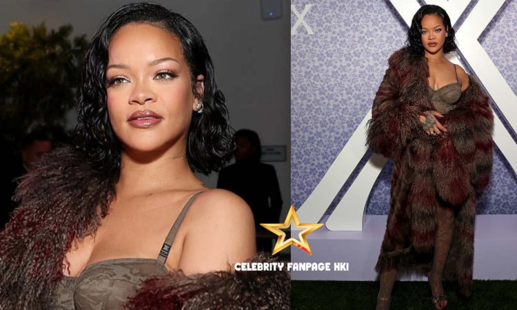 Rihanna modela nada além de lingerie sob um casaco difuso em seu evento Savage x Fenty em Los Angeles