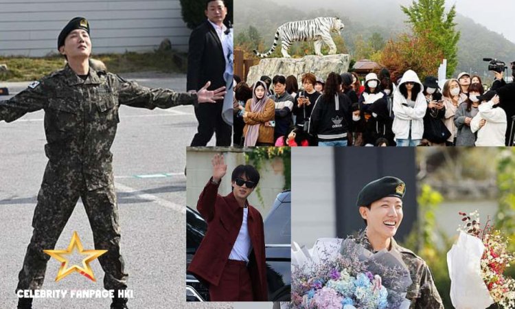 A estrela do K-pop J-Hope é recebida por seu companheiro de banda BTS Jin e multidão de fãs adoradores enquanto ele completa seu serviço militar obrigatório