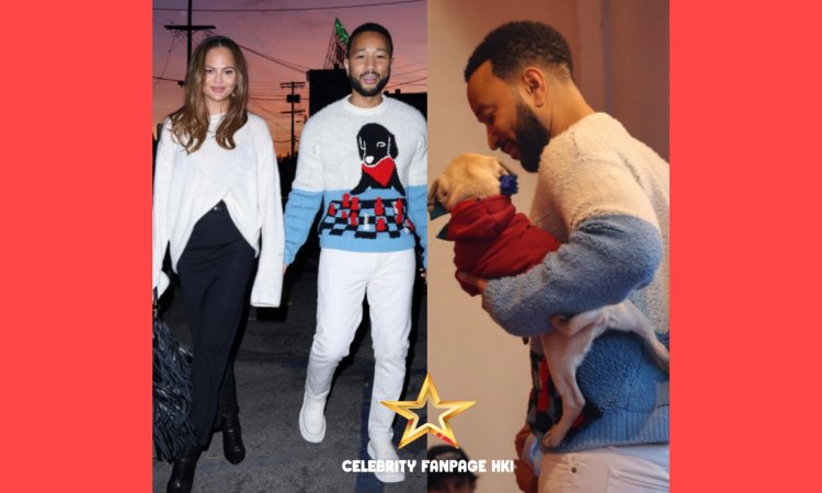 John Legend se veste com tema para participar de um evento de adoção de filhotes com Chrissy Teigen