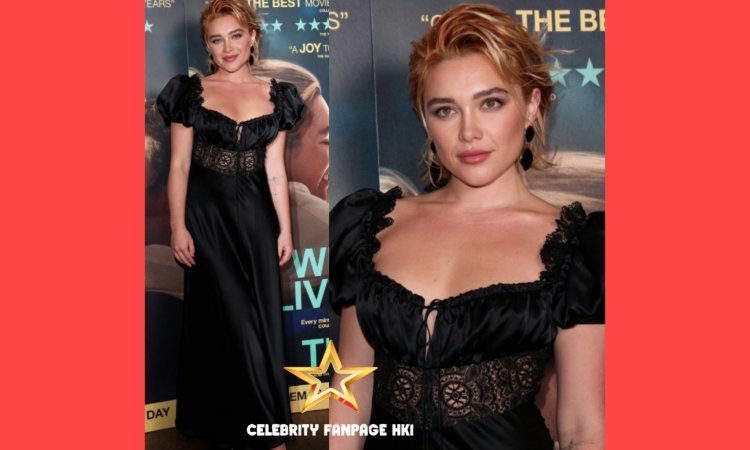 Florence Pugh usa vestido preto de seda e renda para exibição especial de 'We Live in Time' em Londres