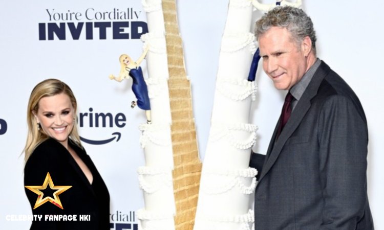 Reese Witherspoon e Will Ferrell posam com um bolo de casamento quebrado de forma única na estreia de 'You're Cordially Invited' no Reino Unido