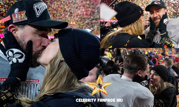 Taylor Swift agarra o rosto do namorado Travis Kelce enquanto o casal se beija apaixonadamente enquanto comemora a chegada dos Chiefs ao Super Bowl