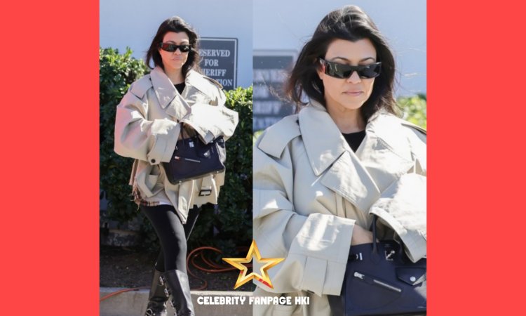 Kourtney Kardashian usa sobretudo curto para almoço em Calabasas