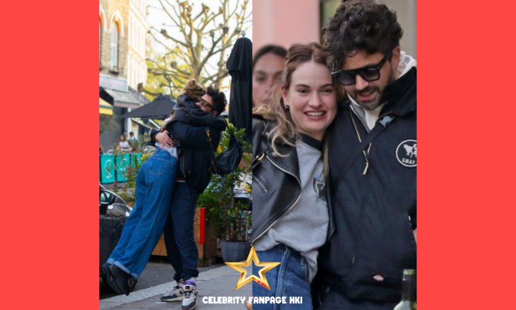 Lily James e Dominic Cooper parecem eufóricos por se encontrarem e compartilham algumas trocas doces