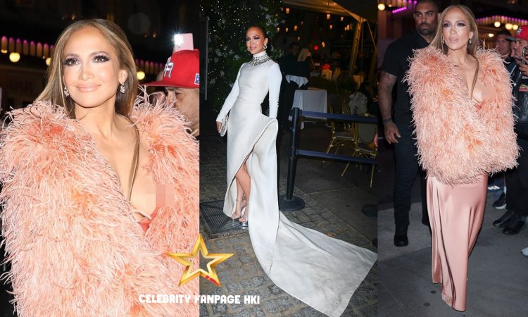Jennifer Lopez, 55, sem sutiã, sofre um deslize de mamilo em um vestido pêssego profundo antes de trocar rapidamente para um vestido branco de gola alta em um show beneficente