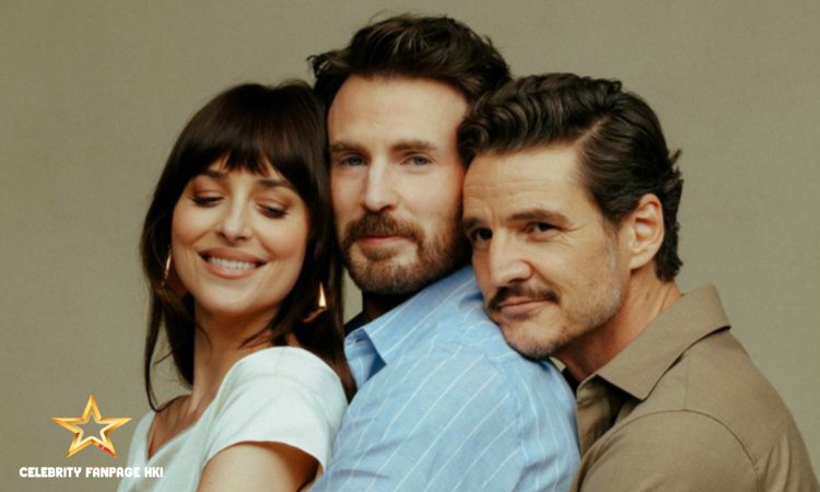 'Materialistas' Estrelas Dakota Johnson, Chris Evans, & Pedro Pascal Cozy Up para Adorável Sessão de Retrato